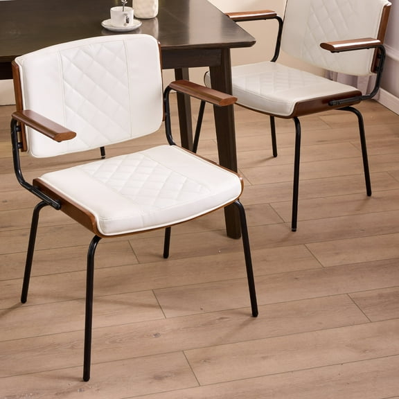 Modern Upholstered Dining Chairs, Retro Coffee Chairs with Wood Armrests, PU Leather Chairs for Kitchen & Restaurant (Set of 2)