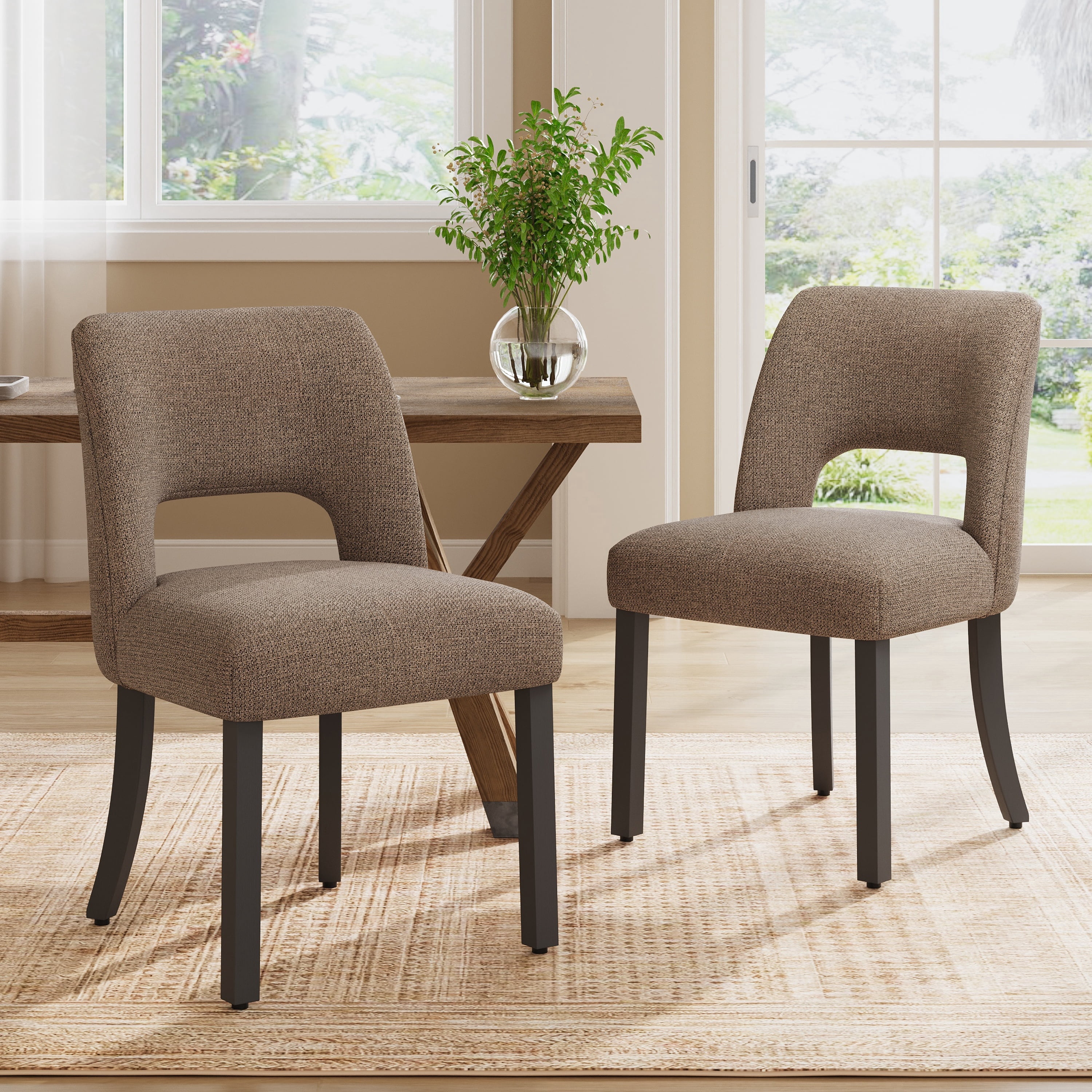 Vknow Furniture Wooden Dining Chairs Set of 2, Modern Fabric Upholstered Dining Room Chair Kitchen Chairs, Farmhouse Dinner Chair for Kitchen Dining Room, Brown
