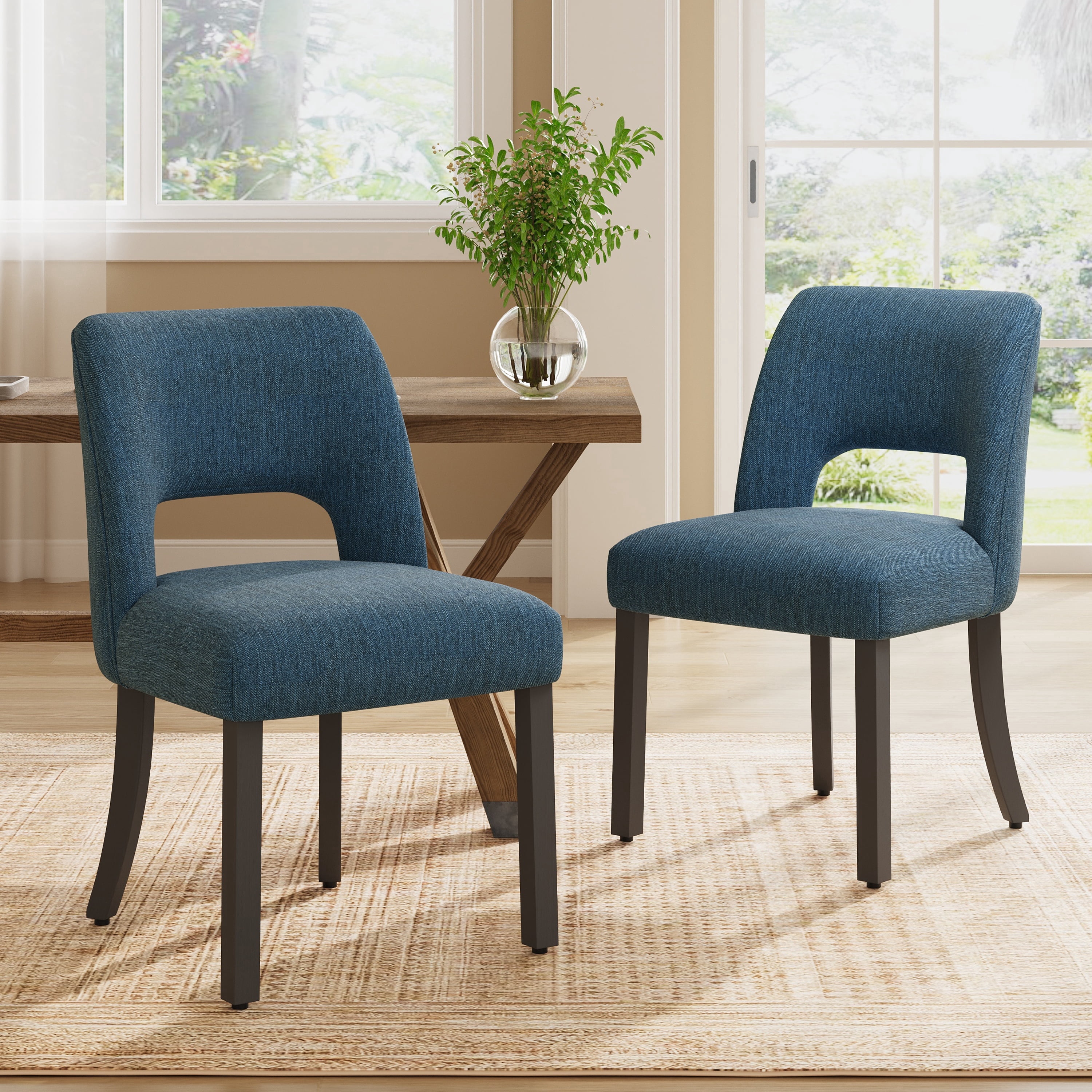 Vknow Furniture Wooden Dining Chairs Set of 2, Modern Fabric Upholstered Dining Room Chair Kitchen Chairs, Farmhouse Dinner Chair for Kitchen Dining Room, Blue