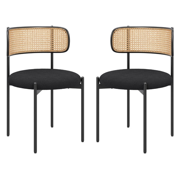 Modern Upholstered Dining Chairs Set of 2, Rattan Back Accent Kitchen Chairs with Metal Legs, Black Fabric Seats for Dining Room, Living Room, 300 lbs Capacity