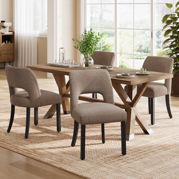 VKNOW Wooden Dining Chairs Set of 4, Modern Fabric Upholstered Dining Room Chair Kitchen Chairs, Farmhouse Dinner Chair for Kitchen Dining Room, Brown