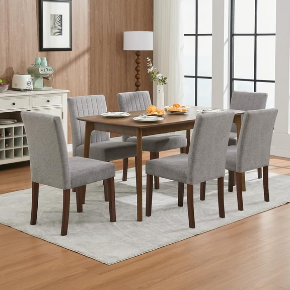 Modern Upholstered Dining Chairs Set of 4 - Gray Linen Fabric with Vertical Stripes, Button-Tufted High Back, Padded Seat, Sturdy Wood Legs, Adjustable Foot Caps, Parsons Design - Gray Linen