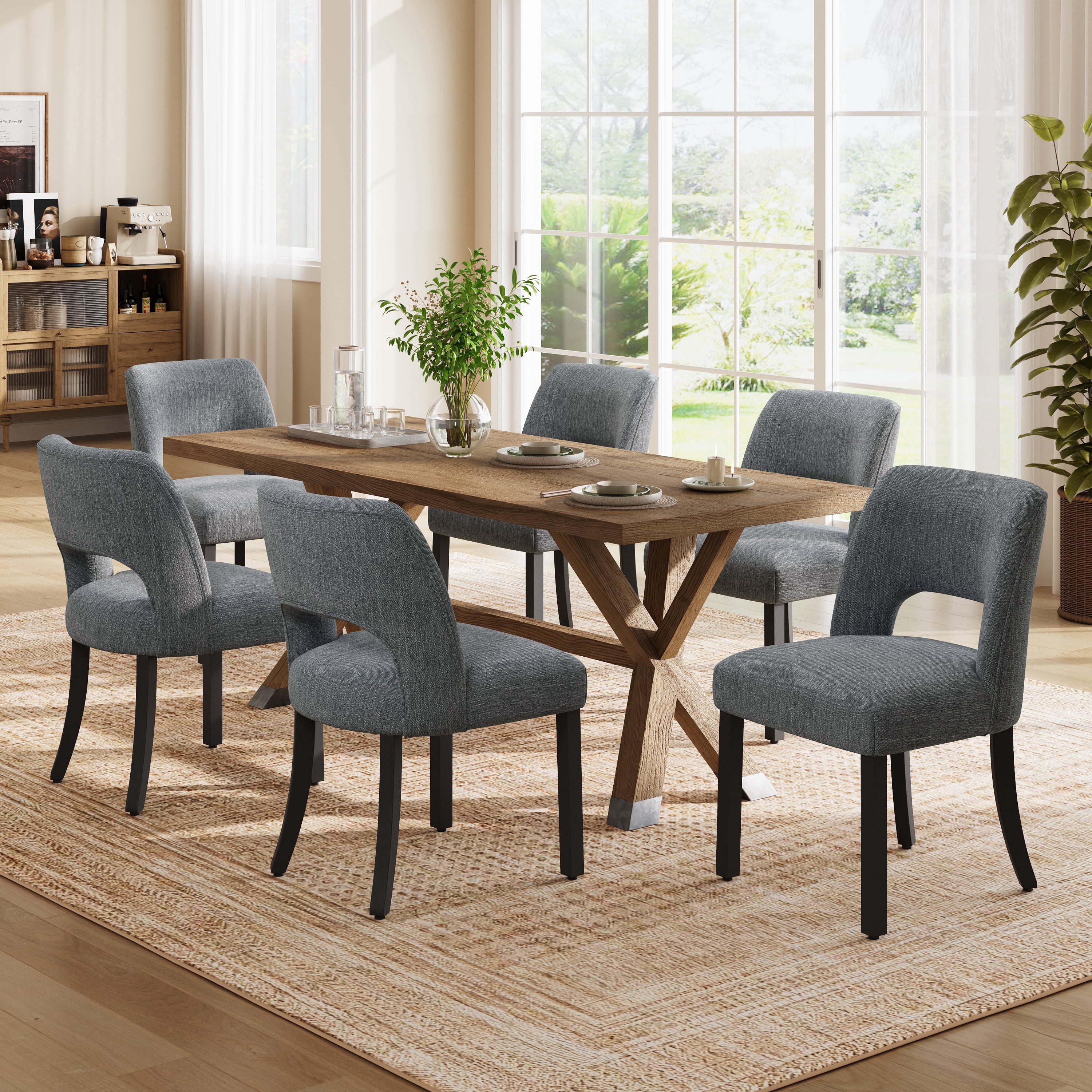 Vknow Furniture Wooden Dining Chairs Set of 6, Modern Fabric Upholstered Dining Room Chair Kitchen Chairs, Farmhouse Dinner Chair for Kitchen Dining Room, Gray