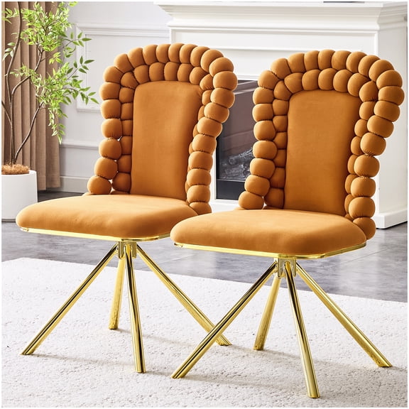 Modern Upholstered Dining Chairs Set of 2, Orange Velvet with Gold Bubble Ball Back and Metal Legs