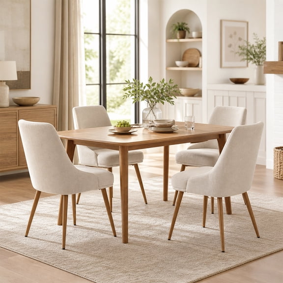 Modern Upholstered Dining Chairs with Thick Cushion & Curved Back, Dining Side Chairs with Solid Wood Legs for Dining Room,Kitchen,Cafe, Set of 4,Beige