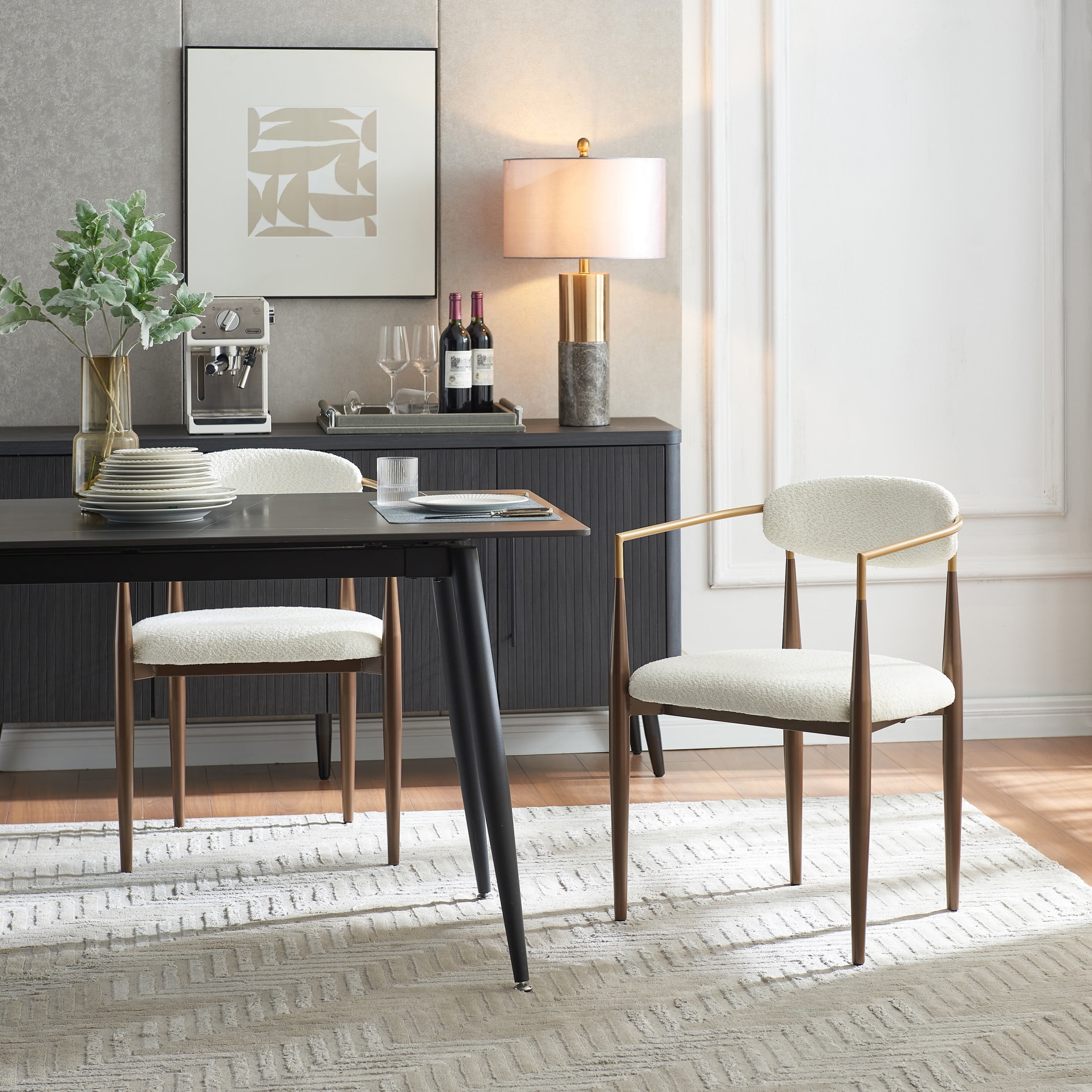 Modern Upholstered Dining Chairs with Toothpick Iron Frame, White+Gold, Set of 2