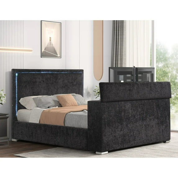 Modern Upholstered Eastern King Platform Bed with LED Lighting & Tv Cabinet with Fireplace Display
