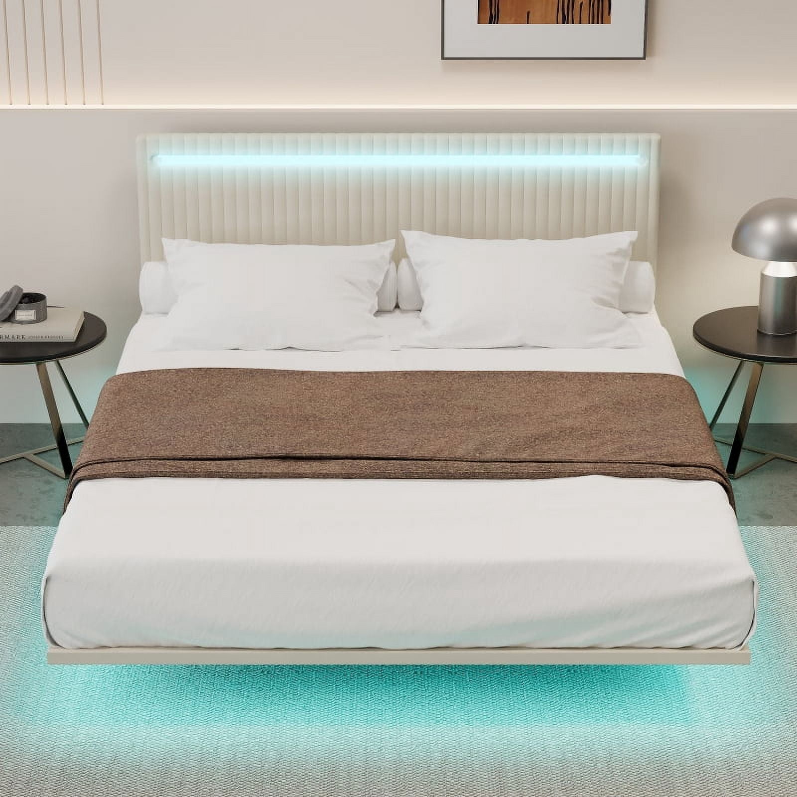 Floating Spring Frame Modern Upholstered Floating Bed Frame with LED Lights, Vertical Channel ...