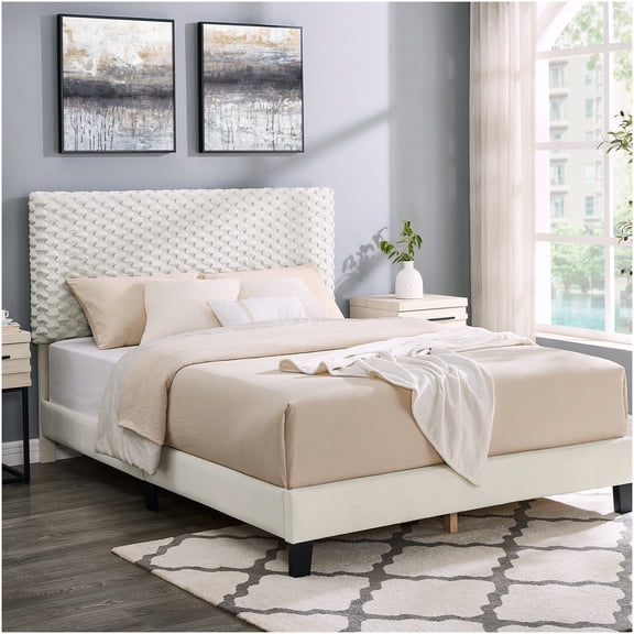 Modern Upholstered Full Platform Bed with 3D Fabric Headboard, No Box Spring Needed, Low Profile Frame, Off-White Contemporary Bedroom Furniture