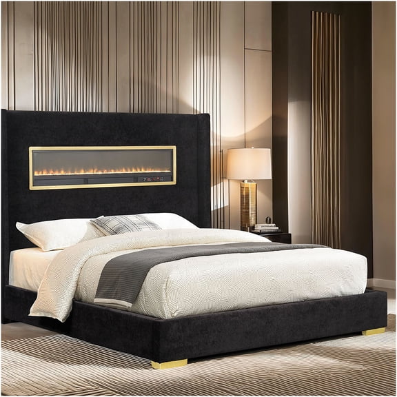 Modern Upholstered King Bed Frame with LED Fireplace Headboard, Bluetooth Speakers, USB Charging, Black Fabric Platform Bed