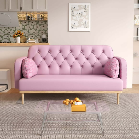Modern Upholstered Loveseat Sofa, ONE PIX Two Seater PU Sofa with Tulip Patterns, Sofa Couch with 2 Dumpling-shaped Pillows for Living Room, Bedroom, Office, Pink