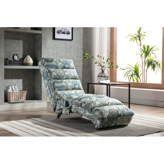 Modern Upholstered Massage Chaise Lounge, Linen Long Chaise with Heating Fuction, Ergonomic Electric Recliner for Office Living Room, Rug Flower