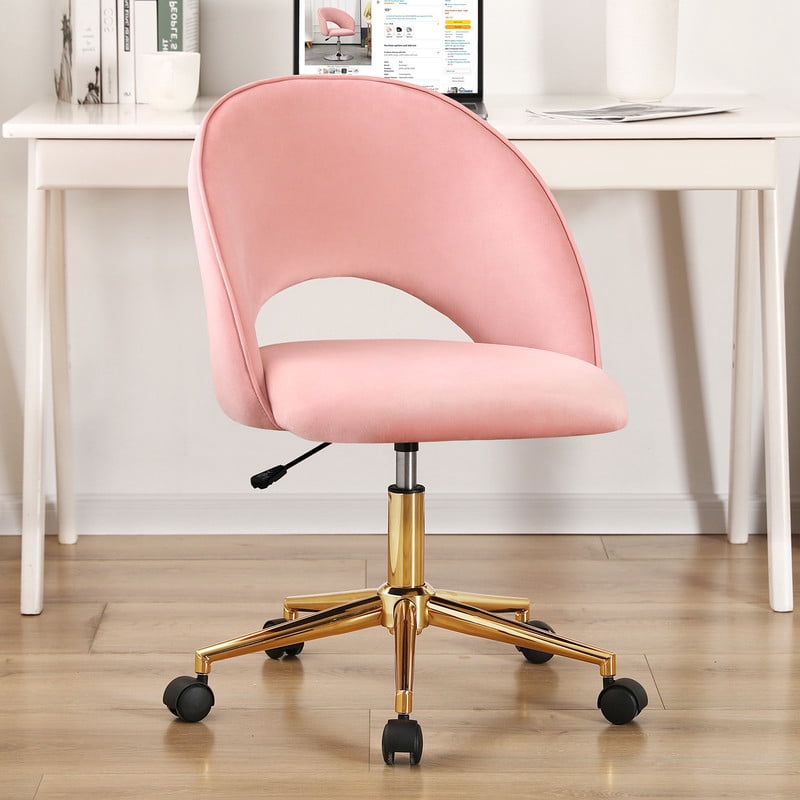 Modern Upholstered Office Chair, Adjustable Armless Desk Chair with Gold Metal Base and Rolling Casters, Accent Vanity Chair for Home Office, Bedroom, Makeup Room,Pink