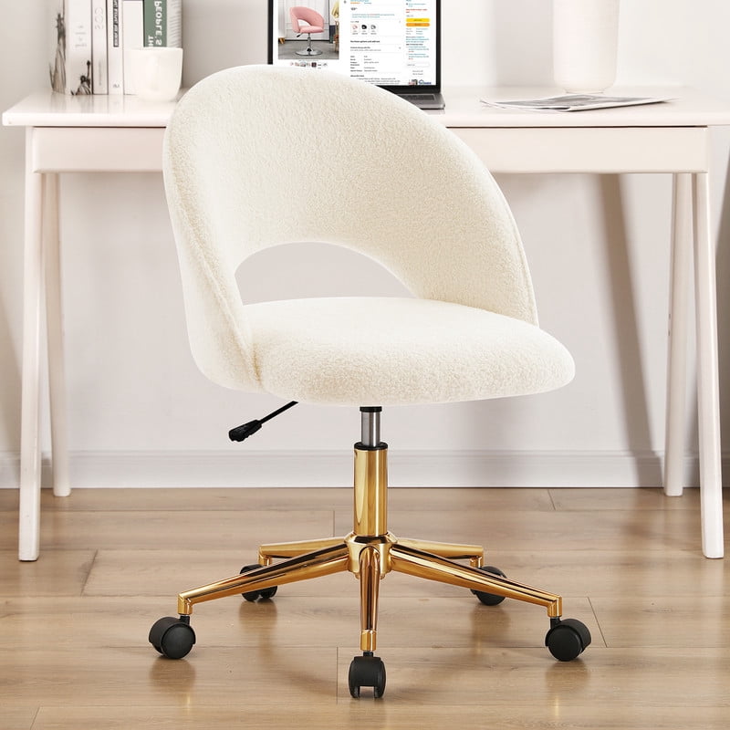 Modern Upholstered Office Chair, Adjustable Armless Desk Chair with Gold Metal Base and Rolling Casters, Accent Vanity Chair for Home Office, Bedroom, Makeup Room,White