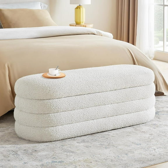 Modern Upholstered Oval Sherpa Storage Ottoman, 49.2", White
