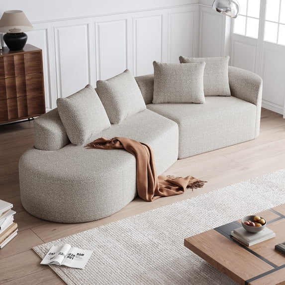 Modern Upholstered Oversized Sectional Sofa, 112-Inch Chenille 4-Seater Extra Deep & Wide Seat Curved Cloud Couch with 4 Throw Pillows, Free Combination Sofa Couch for Living Room,Bedroom (Khaki)