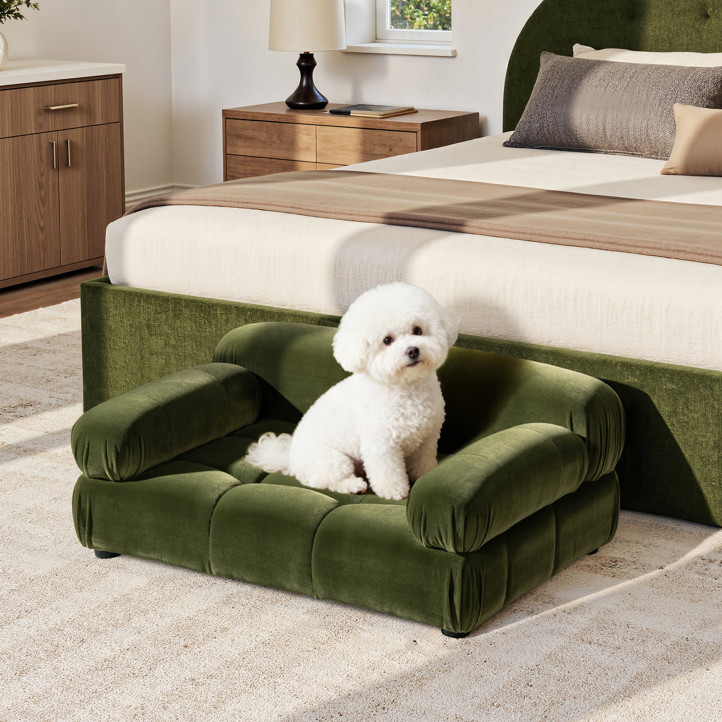 Modern Upholstered Pet Bed, Olive Green Velvet Sofa-Style Bolster Bed, Pressure Relief Tufted Cushion, Water & Stain Resistant Furniture Fabric for Small Medium Dogs Cats