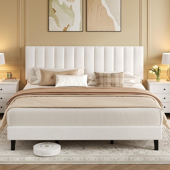 Modern Upholstered Platform Bed Frame – Adjustable Headboard, 1000lb Capacity, Noise-Free & Easy Assembly, white