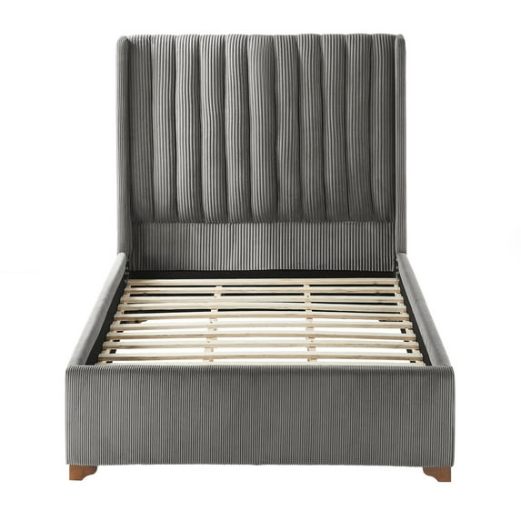 Modern Upholstered Platform Bed Frame with Corduroy Headboard, Twin & Queen Size Wooden Slats Support Mattress Foundation, No Box Spring Needed, Dark Grey