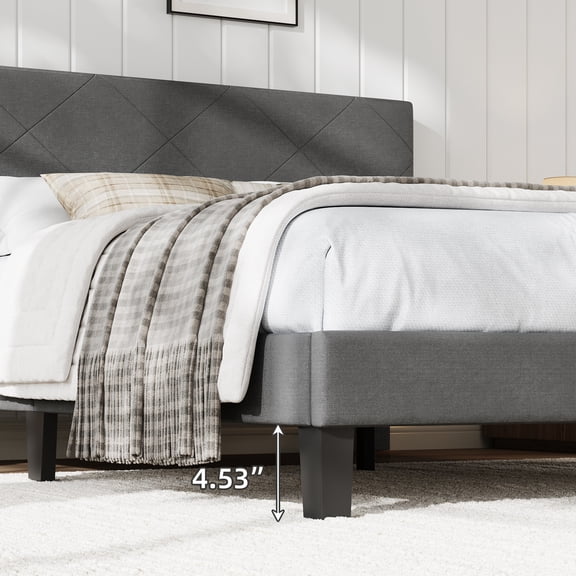 Modern Upholstered Platform Bed Frame Queen Size – Padded Headboard, Sturdy Wooden Slats, Noise-Free, No Box Spring Needed, Easy Assembly, Bedroom Furniture – Dark Gray Fabric, Size: Q