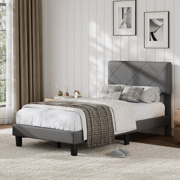 Modern Upholstered Platform Bed Frame Twin Size – Contemporary Headboard, Wooden Slat Support, Noise-Free, No Box Spring Needed, Easy Assembly, Bedroom Furniture – Dark Gray Fabric, Size: T