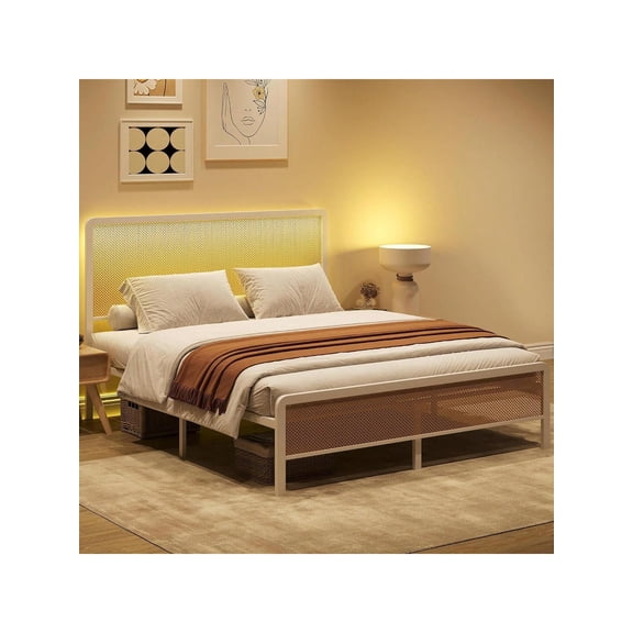 Modern Upholstered Platform Bed Frame with LED & Adjustable Headboard, Rattan Boho Style, Steel Slats, Queen