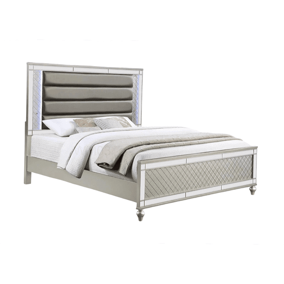 Modern Upholstered Platform Bed Frame with LED Lights, Queen Size Channel Tufted Headboard and Wood Slat Support, No Box Spring Required