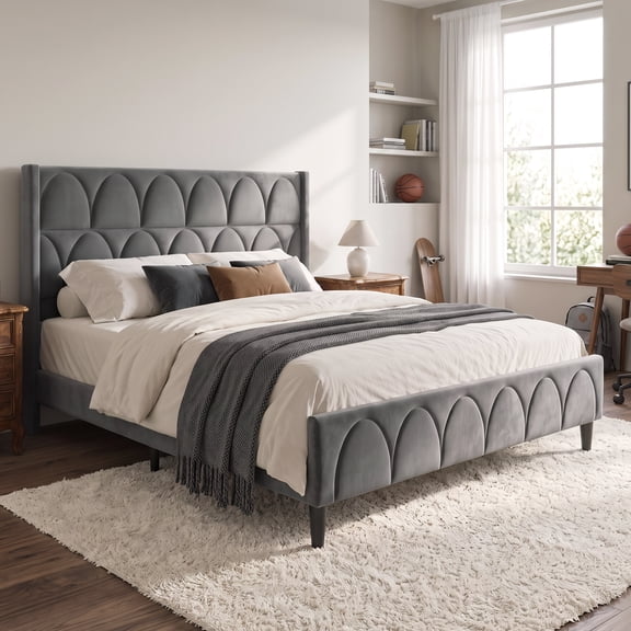 BrooveWave King Size Upholstered Platform Bed Frame with Wingback Headboard, Grey