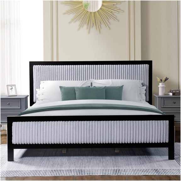 Modern Upholstered Platform Bed with Plush Headboard, 800lbs Support, Noise Free Wood Slats, Tool-Free Assembly, Black and Grey Contemporary Bed Frame