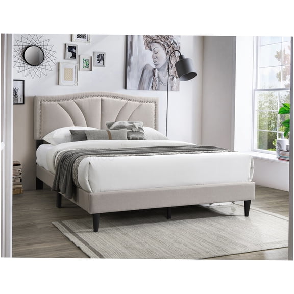 Modern Upholstered Platform Bed, Queen Size with Nailhead Trim and Burlap Headboard, Low Footboard, No Box Spring Needed Bed Frame