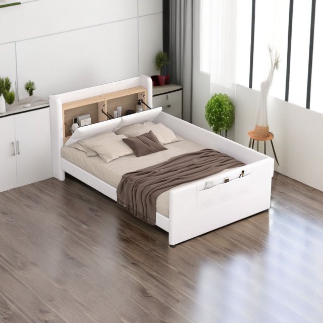 Modern Upholstered Platform Bed, Twin Size Upholstered Platform Bed with Guardrail, Storage Headboard and Footboard, No Box Spring Needed/Noise-Free (Beige, Twin)