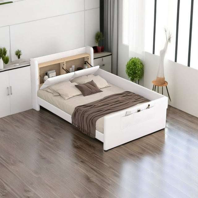 Modern Upholstered Platform Bed, Twin Size Upholstered Platform Bed with Guardrail, Storage Headboard and Footboard, No Box Spring Needed/Noise-Free (Beige, Twin)