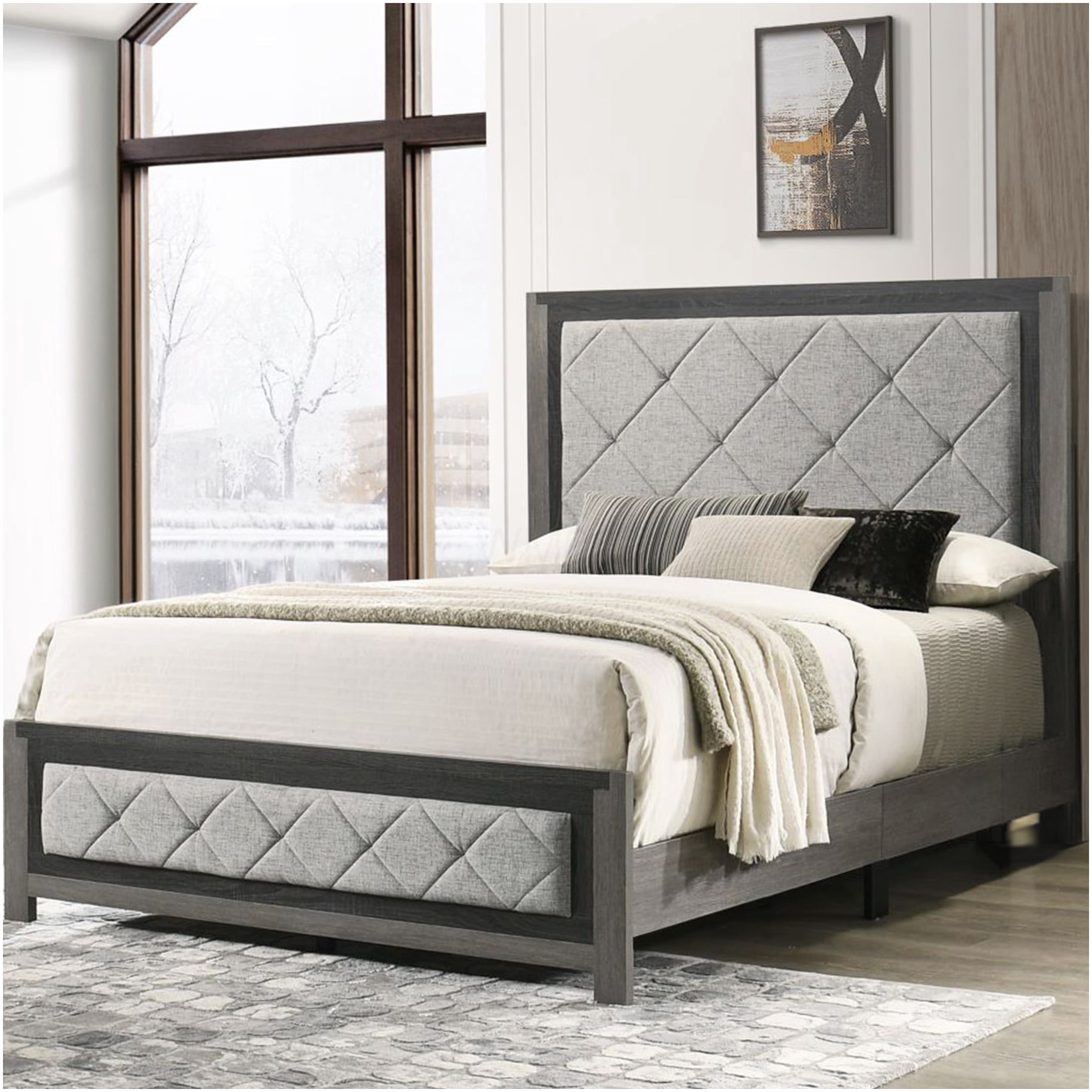 Modern Upholstered Platform Bed with Diamond Tufted Headboard, King Size Gray Linen Fabric Bed Frame for Bedroom