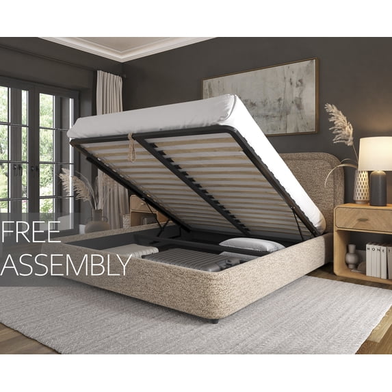 Modern Upholstered Platform Bed with Lift-Up Storage, Headboard, Wood Slats, Noise-Free