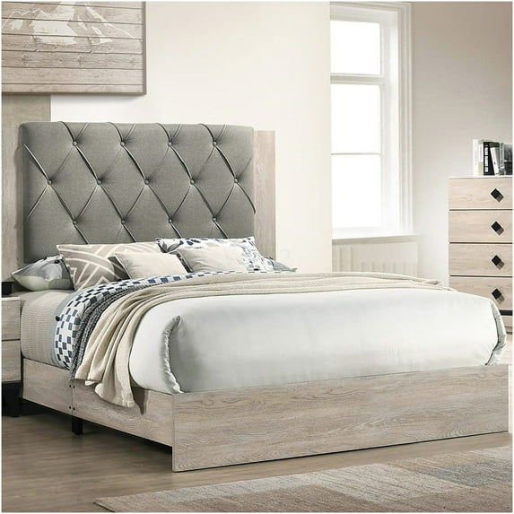 Modern Upholstered Platform Bed with Tufted Headboard, Cream and Gray Fabric, Eastern King Size, No Box Spring Needed