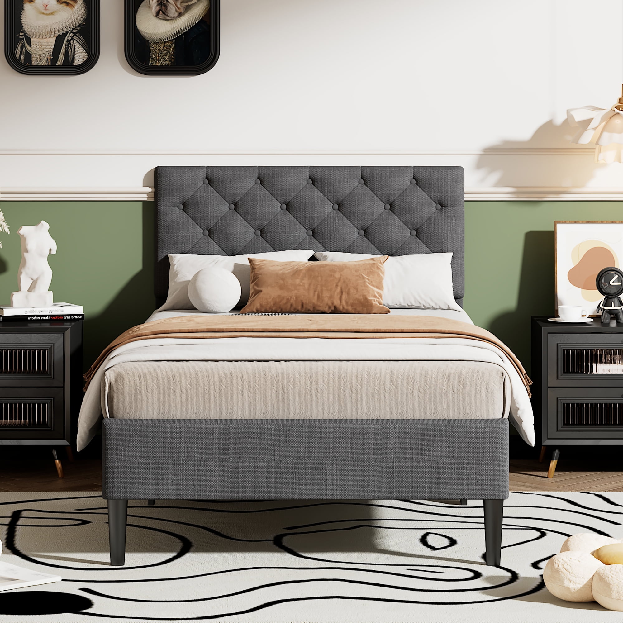 Modern Upholstered Platform Twin Bed Frame, Heavy Duty Twin Bed Frame