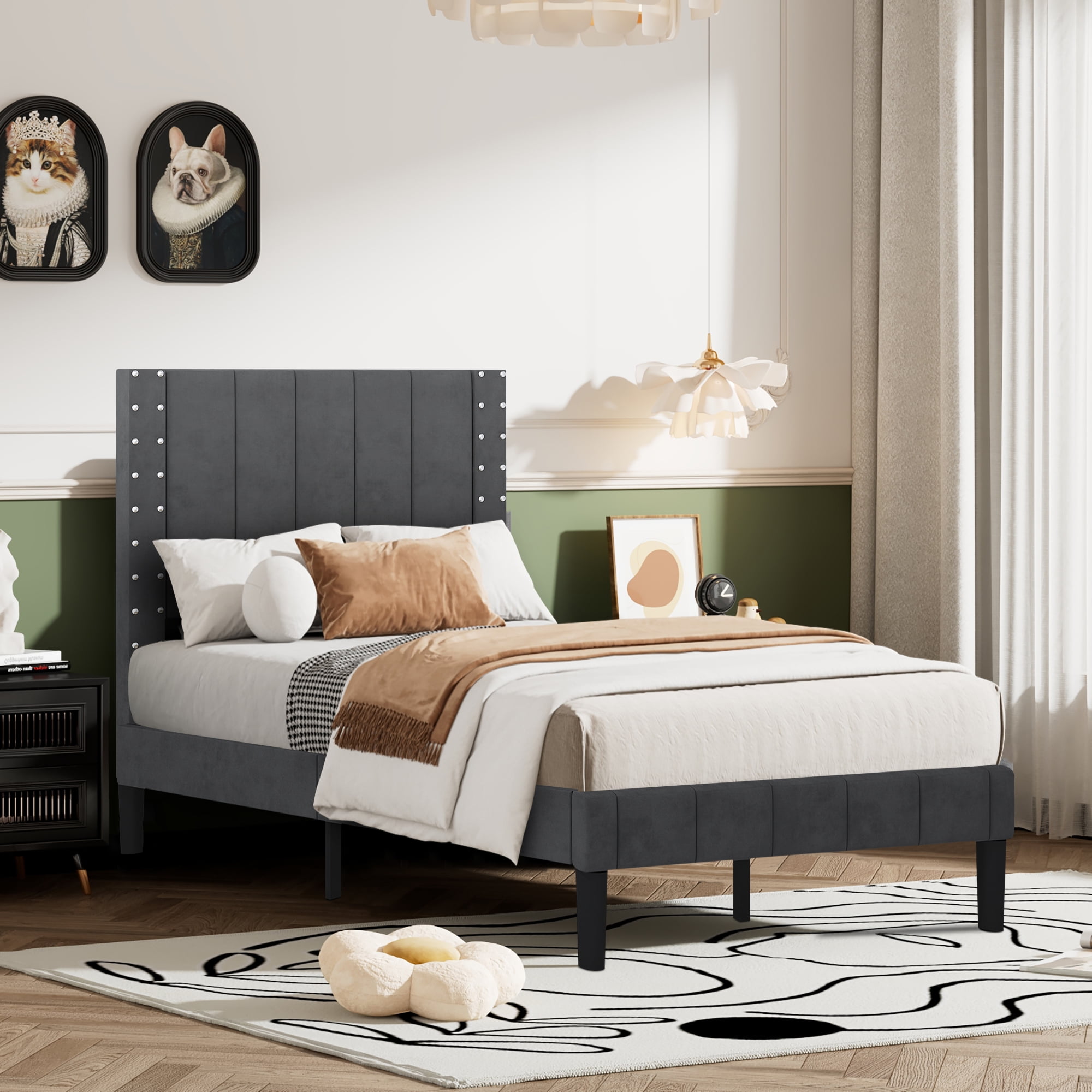 Modern Upholstered Platform Twin Bed Frame, Heavy Duty Twin Bed Frame