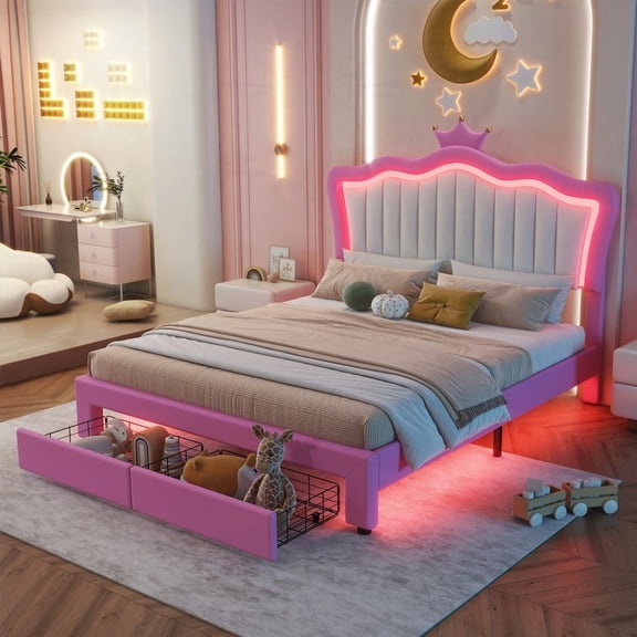 Modern Upholstered Princess Bed featuring LED Lights & Crown Headboard, 2 Drawers, Pink+White