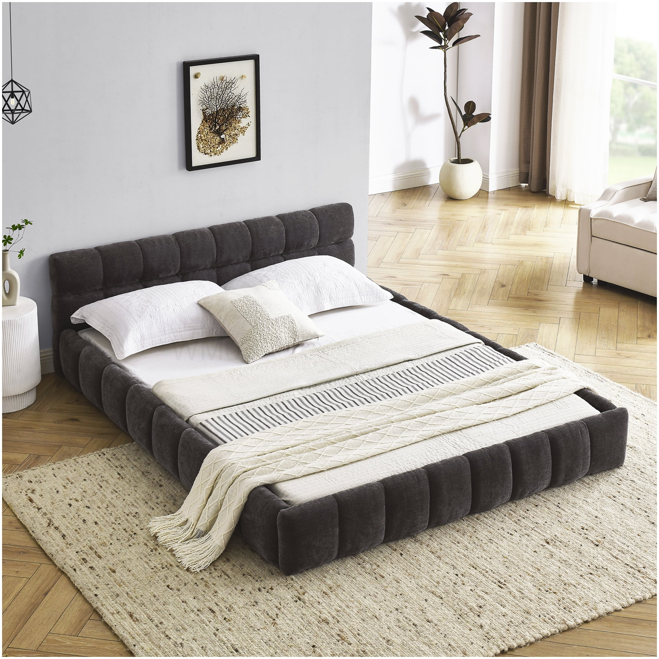 Modern Upholstered Queen Bed Frame with Headboard, Dark Grey Chenille Fabric, Sturdy Platform Base, No Box Spring Needed