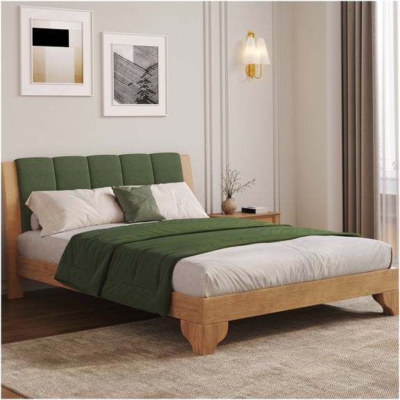 Modern Upholstered Queen Bed Frame with Headboard, Mid-Century Platform Bed, Green and Natural Wood Finish
