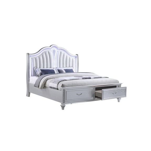 Modern Upholstered Queen Bed Frame with LED Headboard, Storage Drawers, and Crystal Details, Light Gray Velvet Fabric