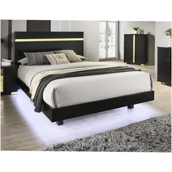 Modern Upholstered Queen Bed Frame with LED Lights, Wood Headboard and Storage Under Bed, Black Mattress Foundation