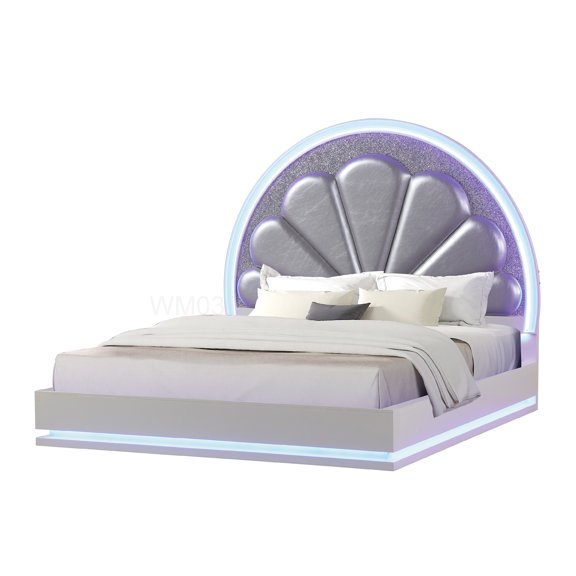 Modern Upholstered Queen Bed Frame with Moon Light Headboard and Built-in LED Lighting, White, No Box Spring Required