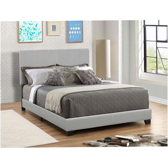 Modern Upholstered Queen Bed Frame with Panel Headboard, Low Profile Platform Bed, Faux Leather, Grey