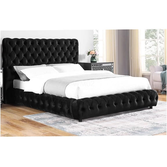 Modern Upholstered Queen Bed Frame with Tufted Headboard and Footboard, Strong Wood Slat Support, No Box Spring Needed, Black
