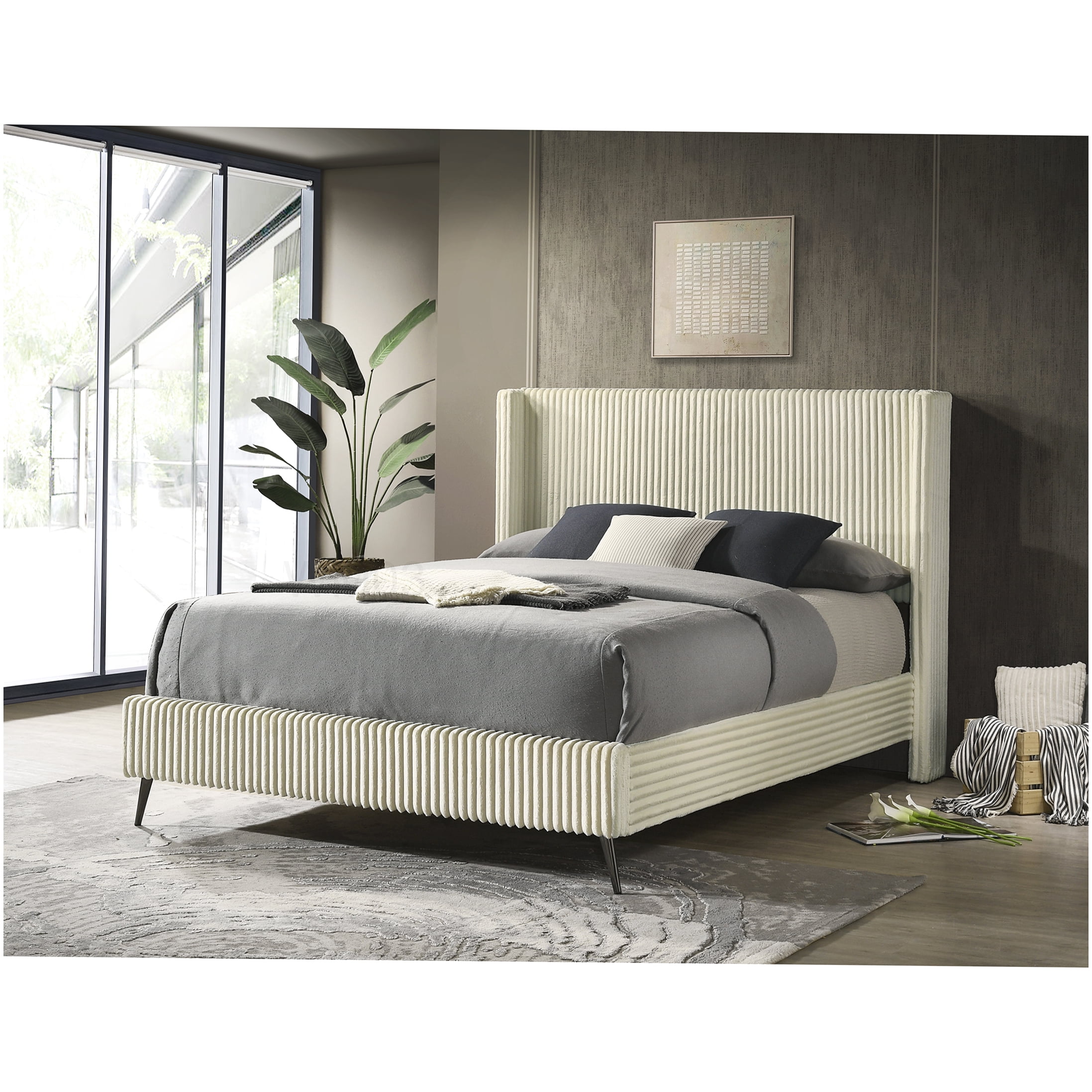 Modern Upholstered Queen Bed Frame with Wingback Headboard, Corduroy Fabric Platform Base, No Box Spring