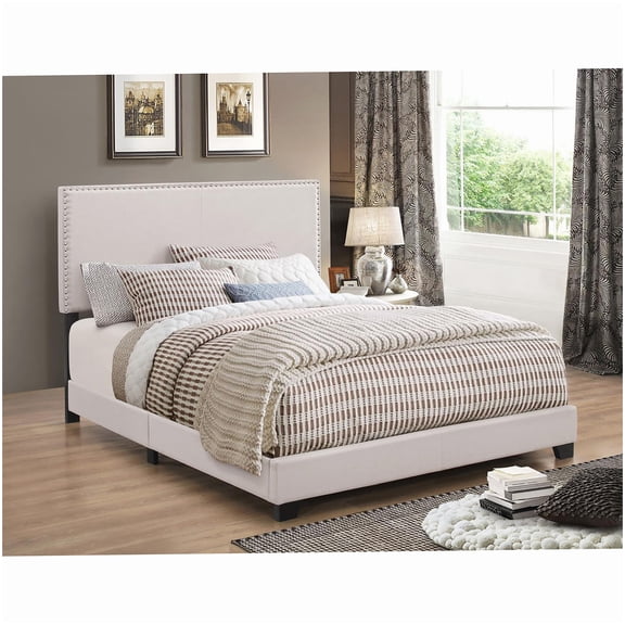 Modern Upholstered Queen Bed, No Box Spring Needed Platform Frame with Chrome Nailhead Design
