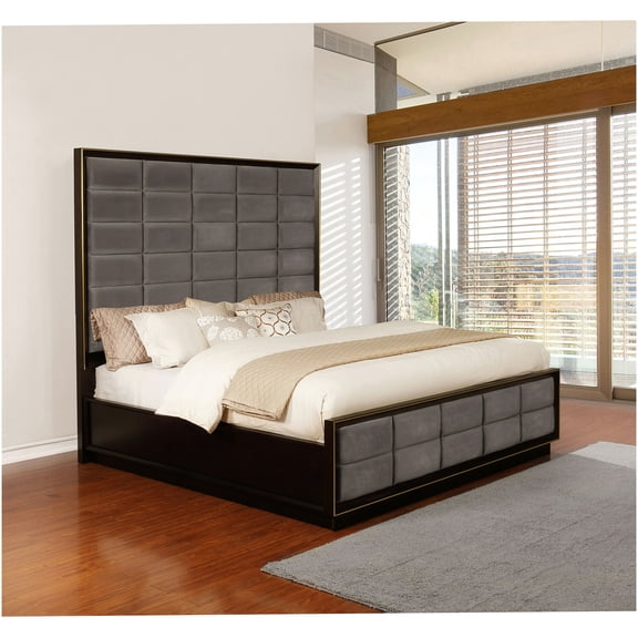 Modern Upholstered Queen Bed with Channel Tufted Headboard and Gold Trim, Low Profile Platform Bed Frame