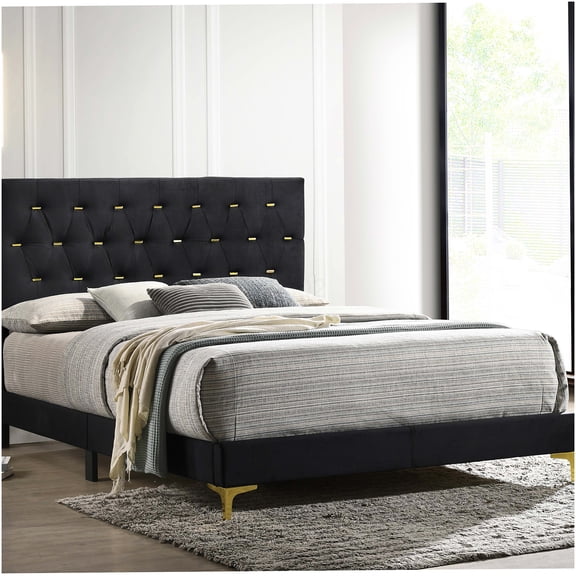 Modern Upholstered Queen Bed with LED Lights, Velvet Platform Bed with Diamond Tufted Headboard and Gold Metal Legs, No Box Spring Needed