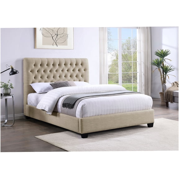 Modern Upholstered Queen Bed with Wingback Headboard, Soft Oatmeal Linen Fabric, Solid Wood Frame